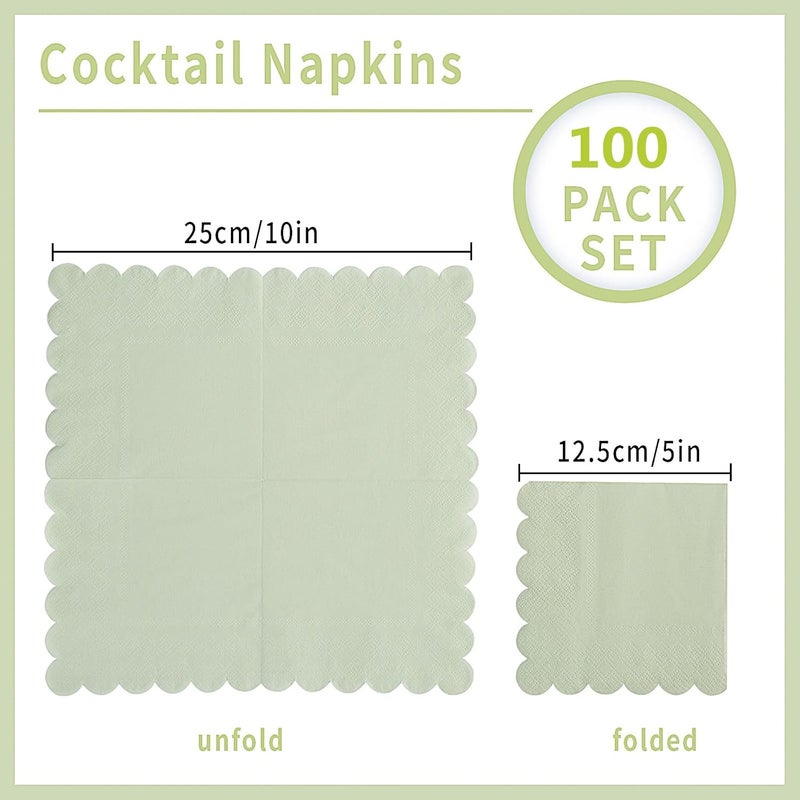 BEFORYOU 100 Pack Cocktail Napkin 2-Ply Scalloped Edged Dessert Napkins Folded 5 x 5 Inches Disposable Napkins for Dinner Wedding Birthday Party Bridal Anniversary Reception Event (Sage Green) - Image 2